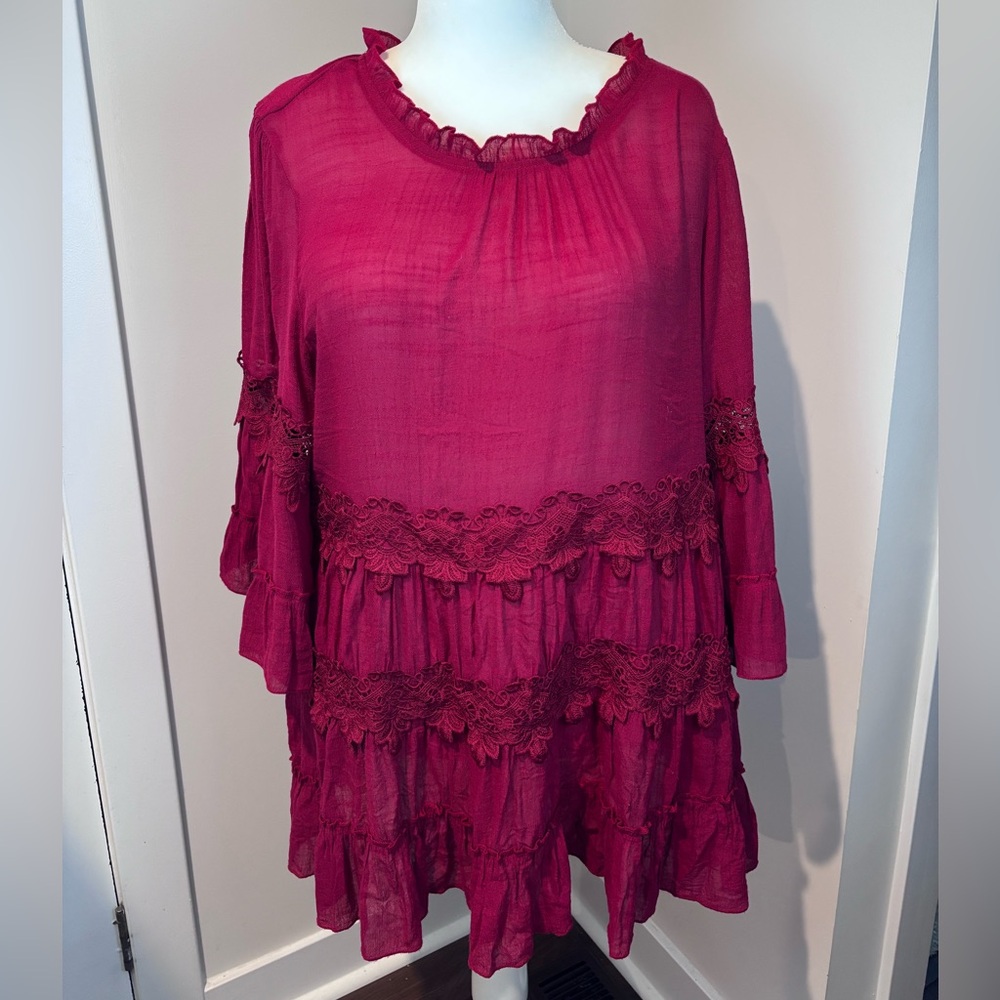 Indigo Soul Burgundy Boho Tiered Lace Ruffle Tunic / Dress, XXL, Excellent
